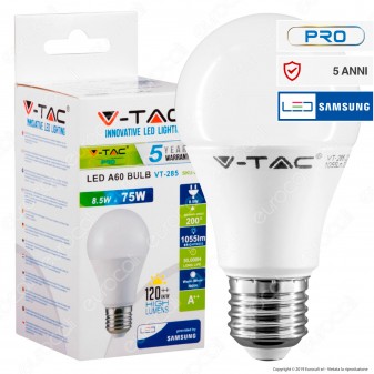 V-Tac PRO VT-285 Lampadina LED E27 8,5W Bulb A60 Chip Samsung - SKU 252 / 253...