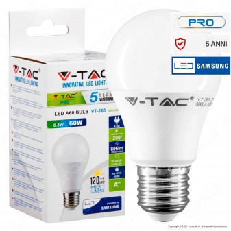 V-Tac PRO VT-265 Lampadina LED E27 6,5W Bulb A60 Chip Samsung - SKU 255 / 256...