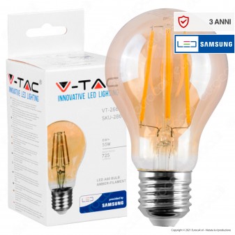 V-Tac VT-266 Lampadina LED E27 6W Bulb A60 Chip Samsung Filamento Ambrata -...