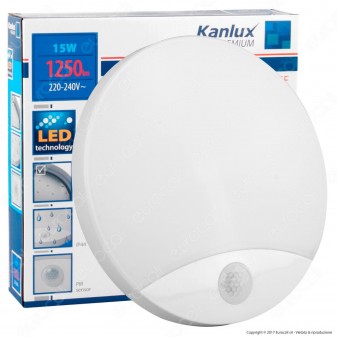 Kanlux Plafoniera LED 15W mod. SANSO Bianca Forma Circolare IP44 con Sensore di Movimento