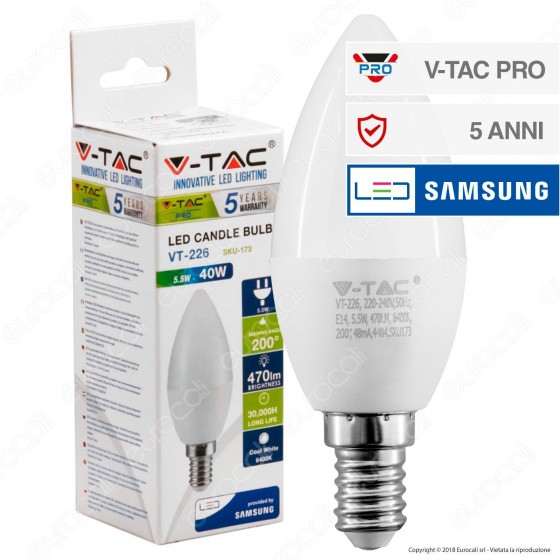 V-Tac PRO VT-226 Lampadina LED E14 5,5W Candela Chip Samsung - SKU 171 / 173