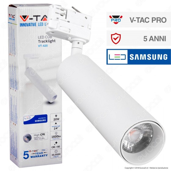 V-Tac PRO VT-420 Track Light LED COB 20W Colore Bianco Chip Samsung - SKU 362 / 363 / 364