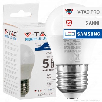 V-Tac PRO VT-290 Lampadina LED E27 7W MiniGlobo G45 Chip Samsung - SKU 867 / 868