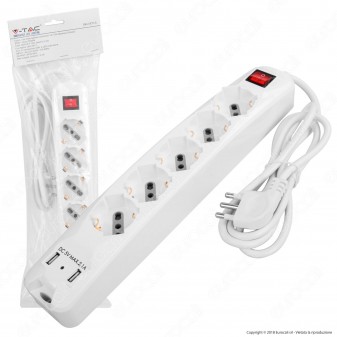 V-Tac Multipresa 5 Posti e 2 Prese USB Colore Bianco con Interruttore Luminoso - SKU 8715