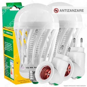 Kit 2 Lampadine LED E27 7W Zanzara Killer 2in1 + 2 Portalampada Attacco E27