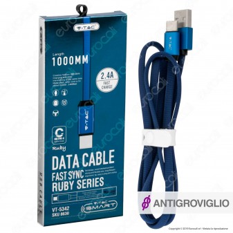 V-Tac VT-5341 Ruby Series USB Data Cable Type-C Cavo in Corda Colore Blu 1m - SKU 8630