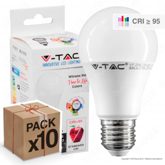 10 Lampadine LED V-Tac VT-2210 E27 10W Bulb A60 CRI ≥95 - Pack Risparmio