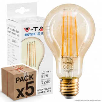 5 Lampadine LED V-Tac VT-2123 E27 12,5W Bulb A70 Filament Ambrata - Pack Risparmio