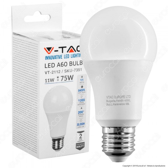 V-Tac VT-2112 Lampadina LED E27 11W Bulb A60 - SKU 7350 / 7349 / 7351 