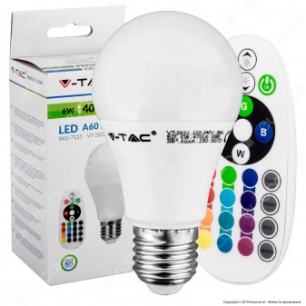 V-Tac VT-2022 Lampadina LED E27 6W Bulb A60 RGB+W con Telecomando - SKU 7121 / 7150 / 7151