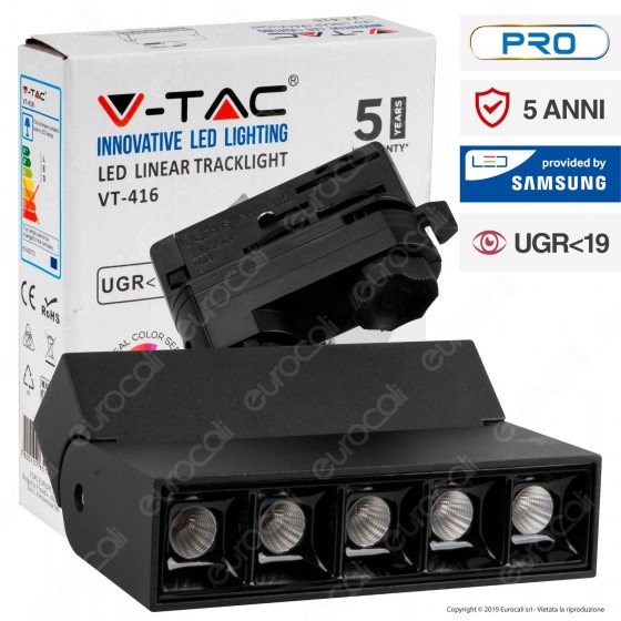 V-Tac PRO VT-416 Track Light LED SMD 12W Faretto 30° CRI≥90 Chip Samsung Nero - SKU 20000 / 20001
