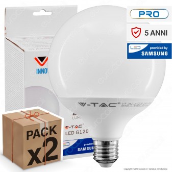 2 Lampadine LED V-Tac PRO VT-242 E27 22W Globo G120 Chip Samsung - Pack Risparmio