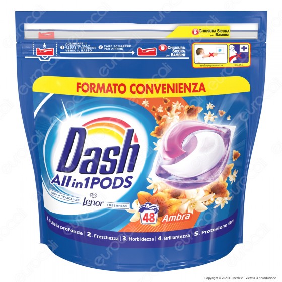 Dash All in 1 Pods all'Ambra Detersivo in Capsule - Confezione da 48 Pastiglie