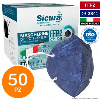 Sicura Protection 50 Mascherine Protettive Colore Blu Monouso con Fattore di Protezione Certificato FFP2 NR in TNT