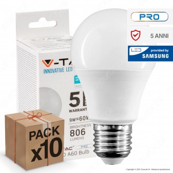 10 Lampadine LED V-Tac PRO VT-210 E27 9W Bulb A60 Chip Samsung - Pack Risparmio