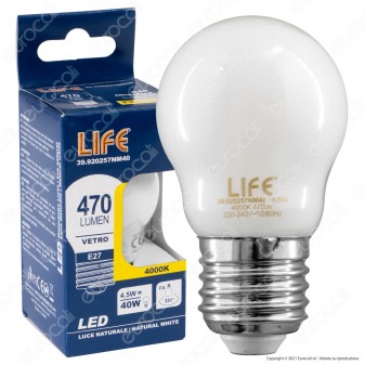 Life Lampadina LED E27 Filament 4.5W MiniGlobo G45 Milky Vetro - mod. 39.920257NM40