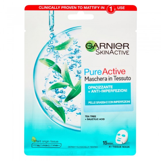 Garnier SkinActive Pure Active Maschera Viso in Tessuto Anti- Imperfezioni e Opacizzante - Confezione da 1 pezzio