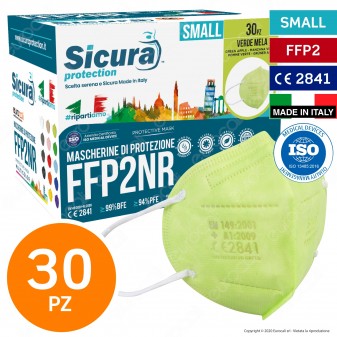 Sicura Protection 30 Mascherine Small Colore Verde Mela Elastici Bianchi Filtranti Monouso Protezione Certificato FFP2 NR
