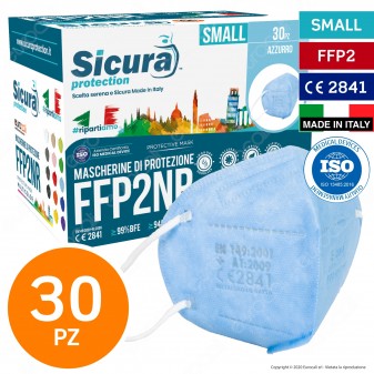 Sicura Protection 30 Mascherine Small Colore Azzurro Elastici Bianchi Filtranti Monouso Protezione Certificato FFP2 NR