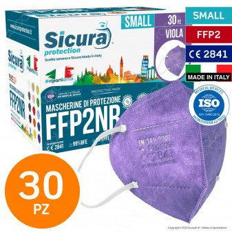 Sicura Protection 30 Mascherine Small Colore Viola Elastici Bianchi Filtranti Monouso Protezione Certificato FFP2 NR